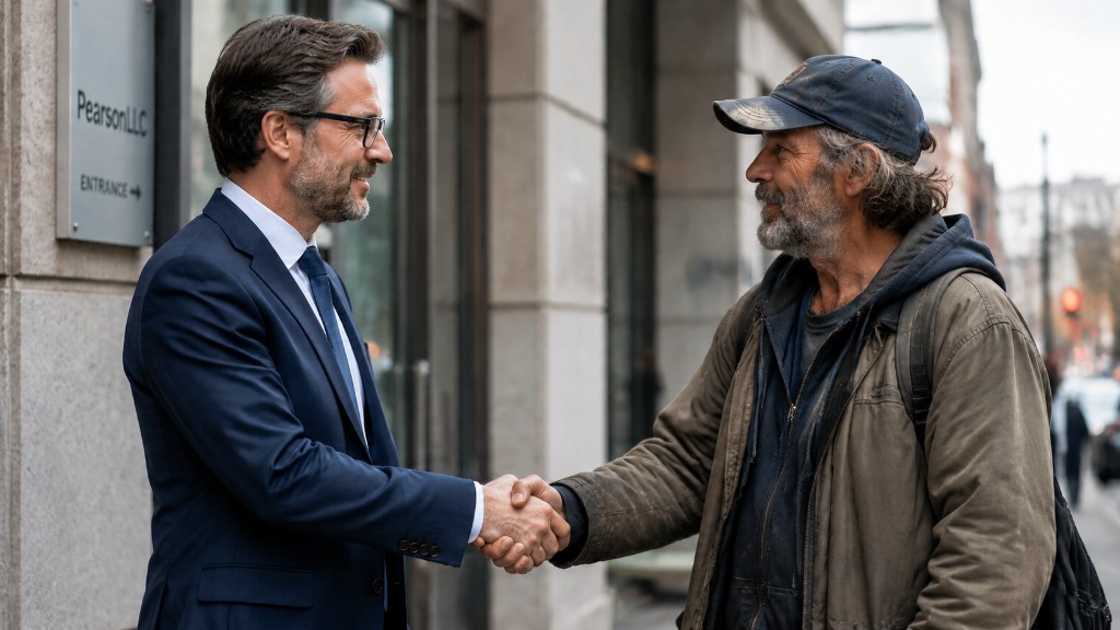 Pearson LLC representative shaking hands with a community member outside the company entrance